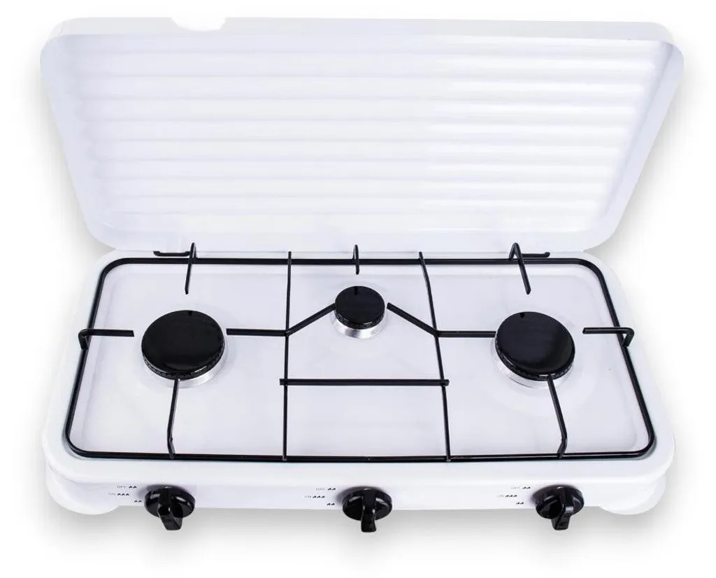 Réchaud de camping 3 brûleurs avec capot de protection, format 57cm