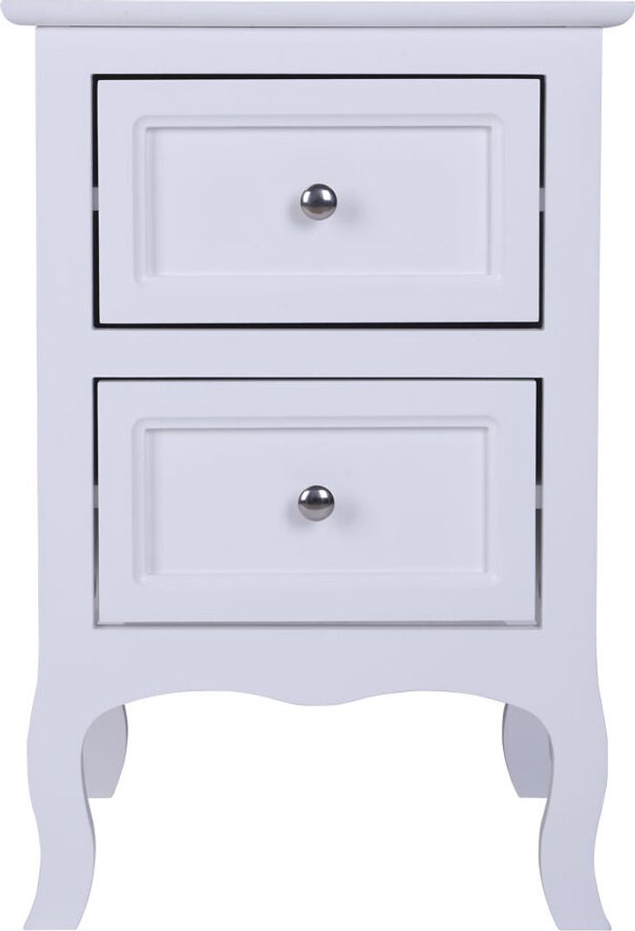 A white two-drawer nightstand with silver knobs, shown from the front against a white background.