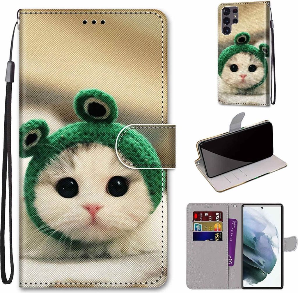 König Design Hülle kompatibel mit Samsung Galaxy S22 Ultra 5G Kunstleder Handyhülle - Handy Case Froschkätzchen