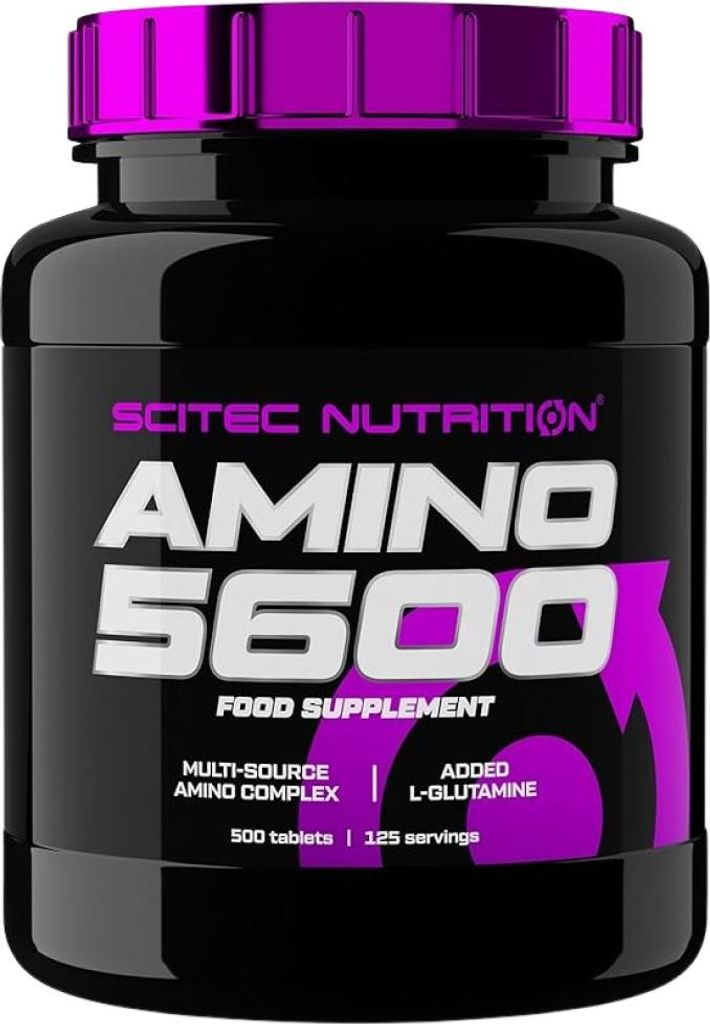 A black bottle of Scitec Nutrition Amino 5600 food supplement.