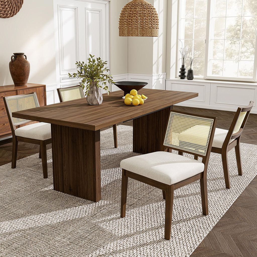 STILVORA Esszimmerstuhl aus Massivholz mit Rattan-Rückenlehne, Stuhl bequem und atmungsaktiv, Sitzmöbel für Esszimmer, Wohnzimmer,Leinen, Nussba...