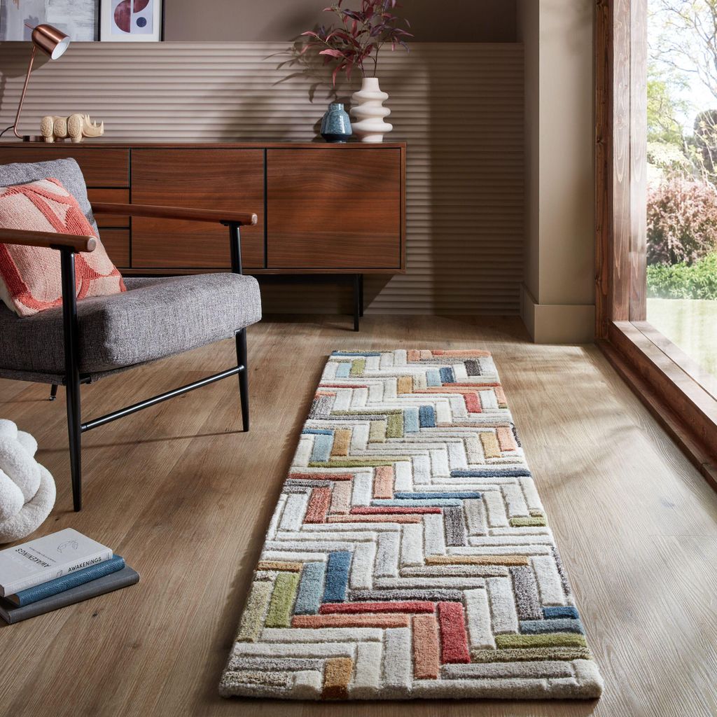 Teppich aus Wolle, Modern & Geometrisch, Handgeschnitzt, Strapazierfähig Multicolor Läufer 60x230 | 100% Wolle, Rücken aus 100% Baumwolle