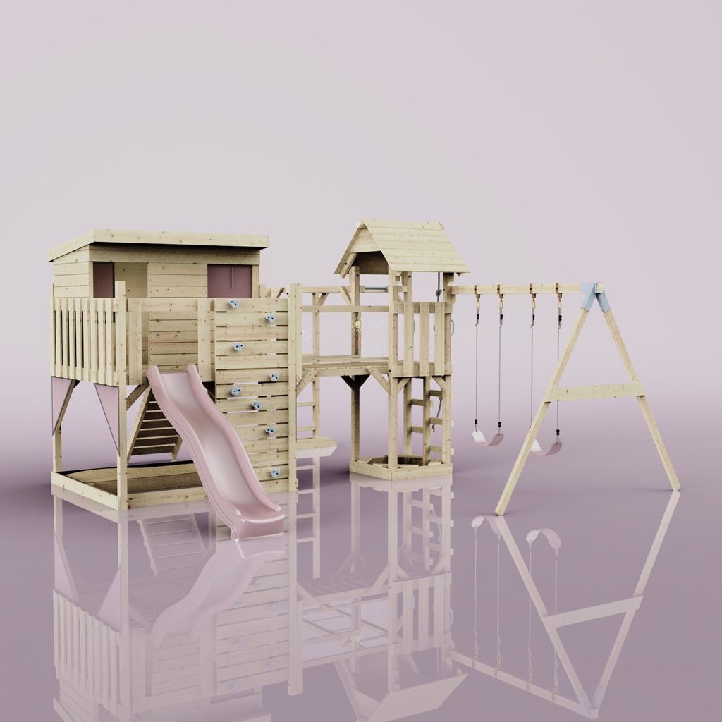OutdoorToys Spielturm Johanna aus Holz in Rosa Kinderschaukel