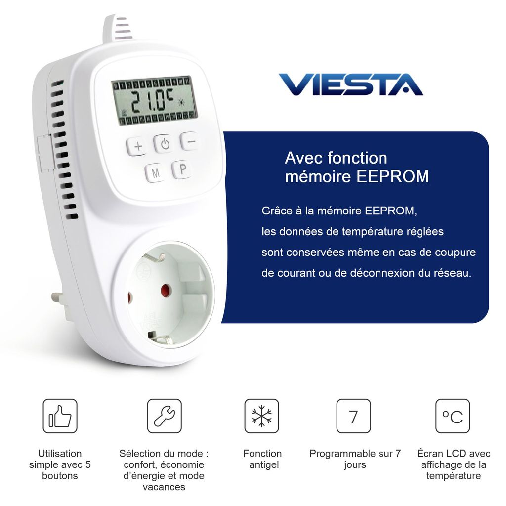 VIESTA® TH12 Thermostat Prise – Programmable 7 Jours, 230V Image du produit 