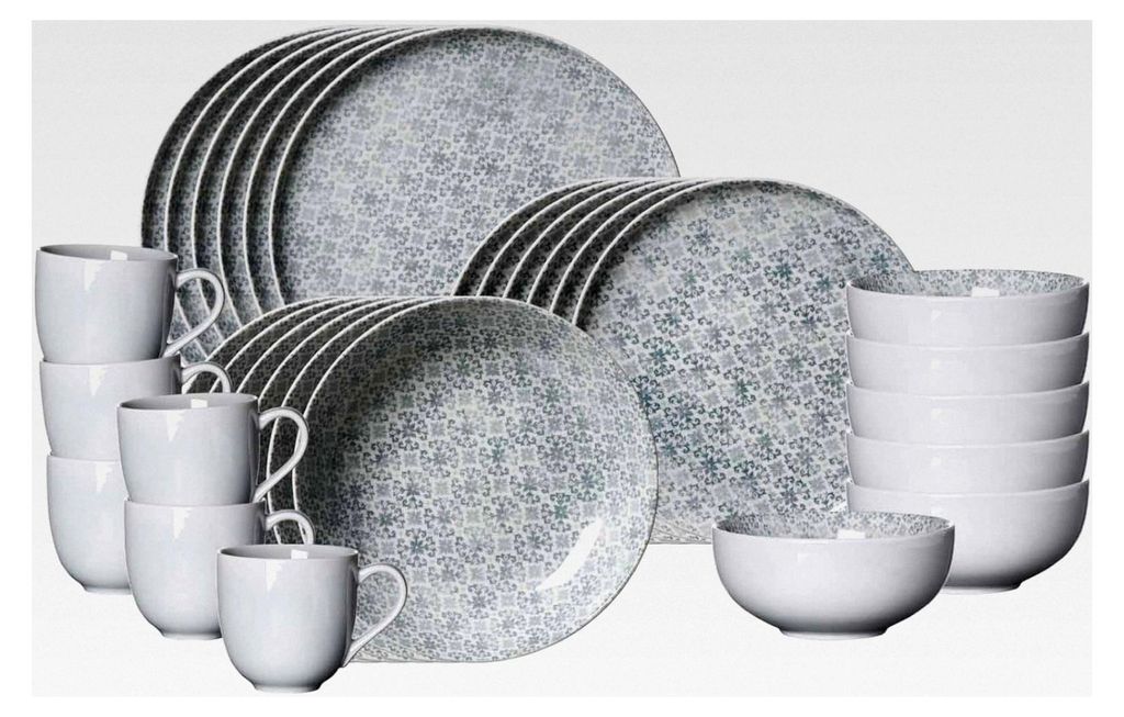 Porto Kombiservice 30-teilig | Teller, Schalen und Becher für 6 Personen | Porzellan-Geschirr mit folkloristischem Muster | Spülmaschinen- und Mi...