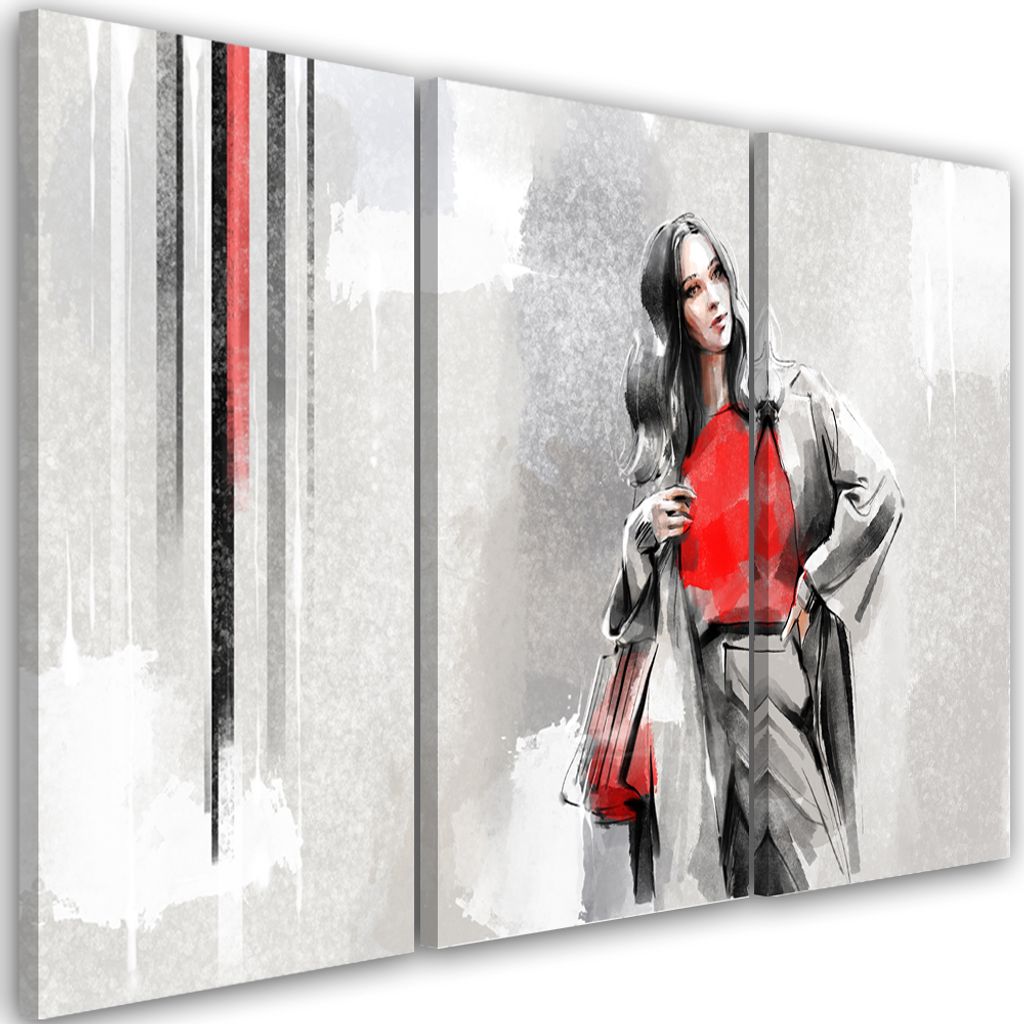 Triptychon auf leinwand frau im mantel 120x80 cm Feeby beige wandbild bereit zum aufhängen