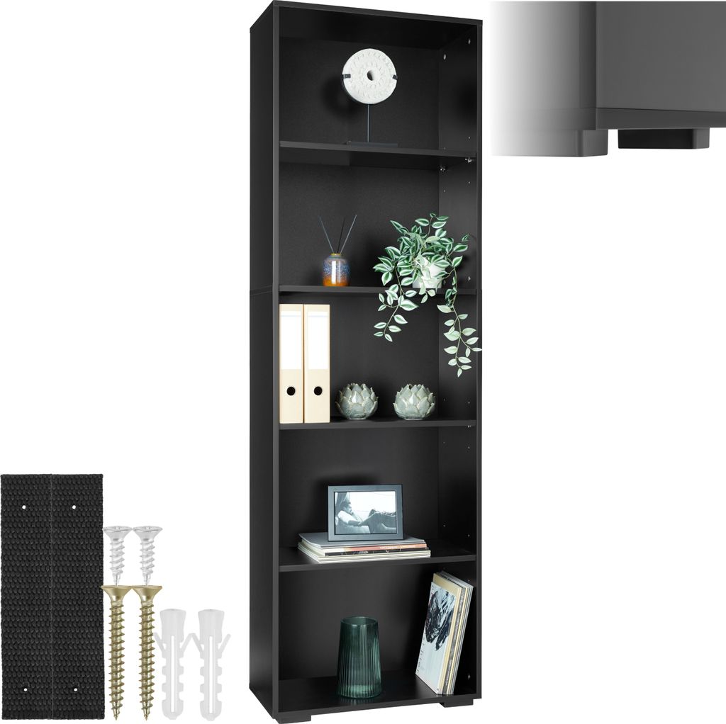 A tall, black bookshelf with several decorative items on its shelves, and some hardware components laid out next to it.