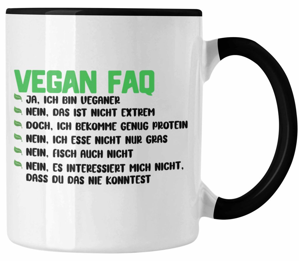 Veganer Tasse Geschenk FAQ Vegan Geschenkidee Lustiger Spruch Vegane Lebensweise (Schwarz)