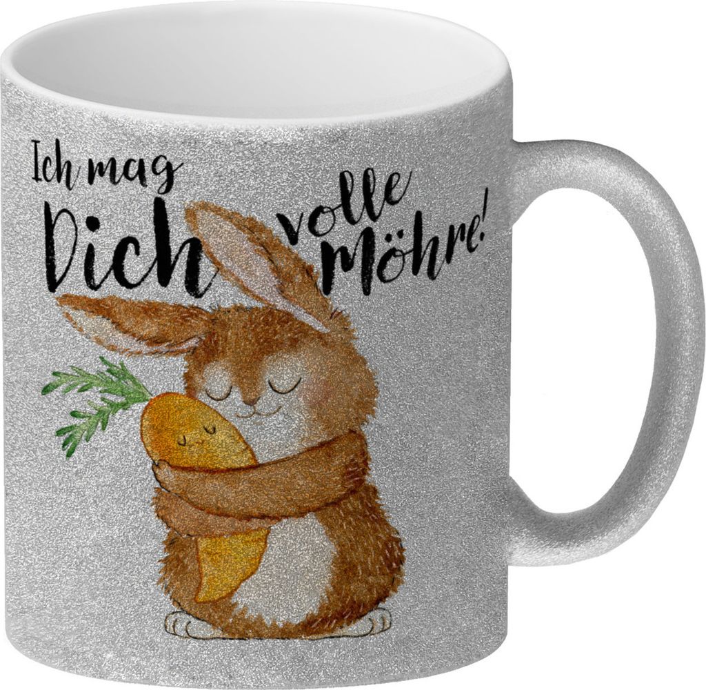Hase Glitzer-Kaffeebecher mit Spruch Ich mag dich volle Möhre