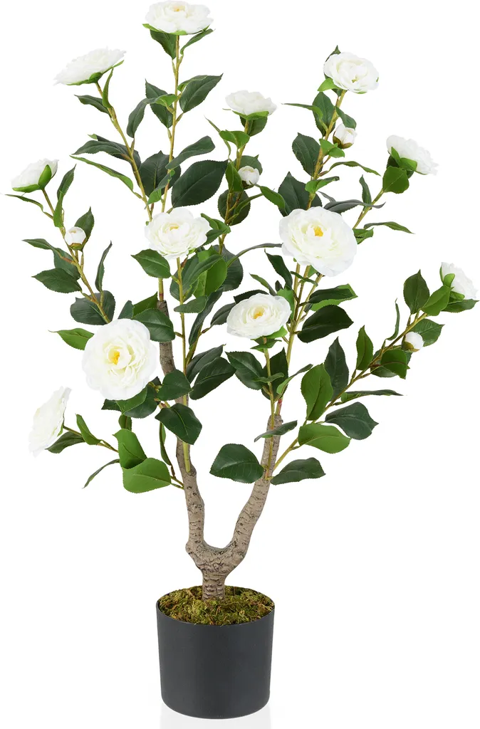 Confezione Da 2 Alberi Di Camelia Artificiali 110 Cm Con Fiori Bianchi, Finto Per Decorazione Interni/Esterni, Con Muschio Incluso - 2