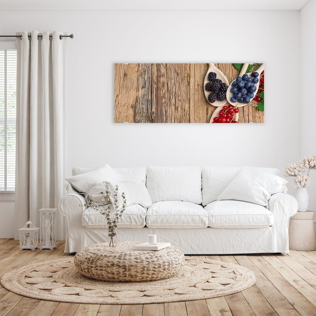 Glasbild Wandbild Beeren auf Holztisch 100x40cm in XXL für Wohnzimmer, Schlafzimmer, Badezimmer, Flur