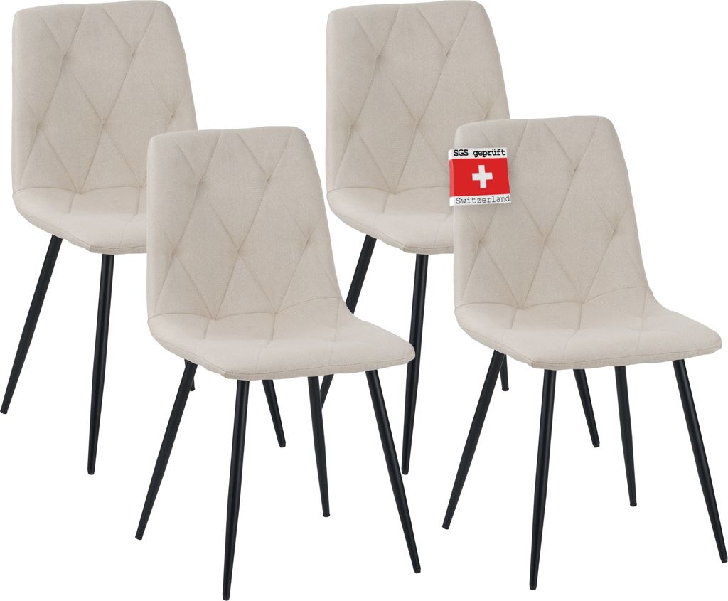 Four beige dining chairs with black legs are arranged in a studio setting.