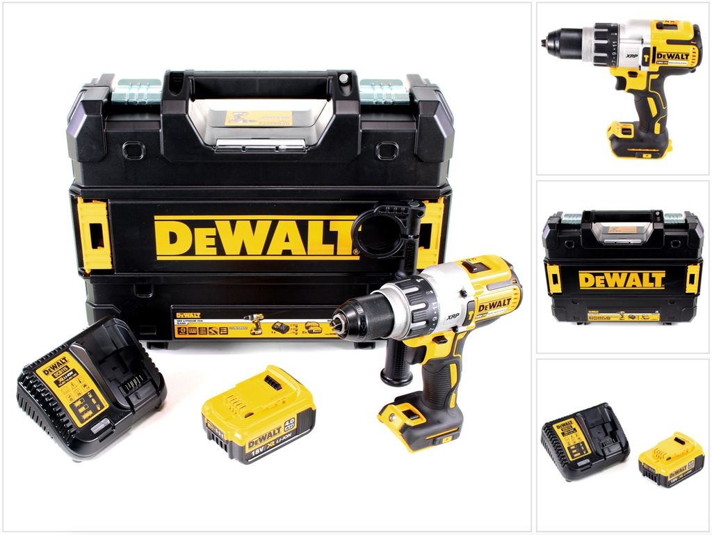 A collage of images showing a DeWalt cordless hammer drill, its accessories, and its case.