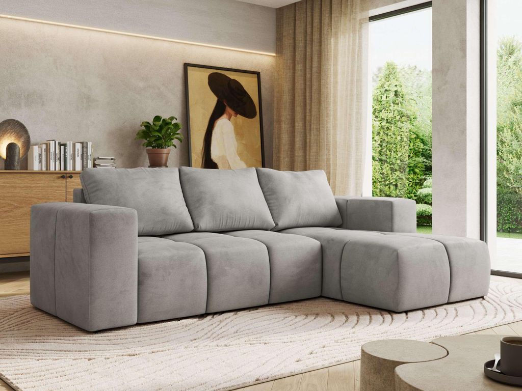 MKS MEBLE L-förmige Ecke MONIVA, Ecksofa mit DL-Schlaffunktion, 266 x 164 x 89 cm, L-Couch mit Bettkasten - Hellgrau Velvet - Rechts Seite