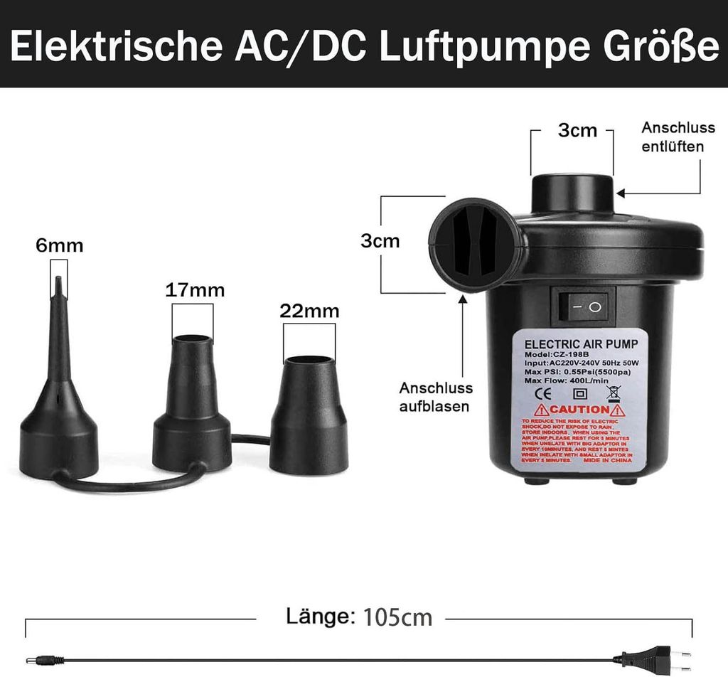 OWill Elektrische Luftpumpe 2-in-1 - 600W Aufblaspumpe Mit 6 Düsen Für Luftmatratzen & Ballons