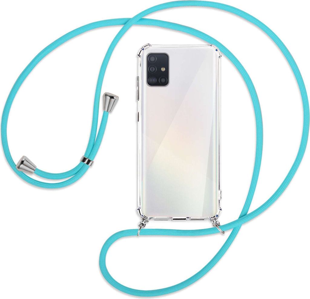 Handykette Backcover-Schutzhülle mit Band (Metall silberfarben) für Samsung Galaxy A51 (A515) - türkis