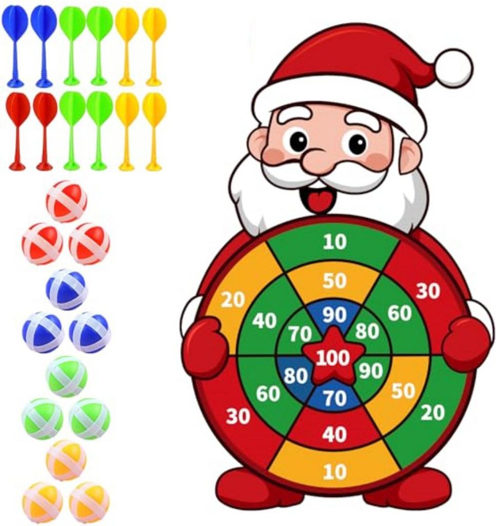 Weihnachtsmann-Dartscheibe mit 12 Klebekugeln und 12 Darts – Großes Weihnachtsspiel für Familien, Kinder und Erwachsene – Partyaktivitäten