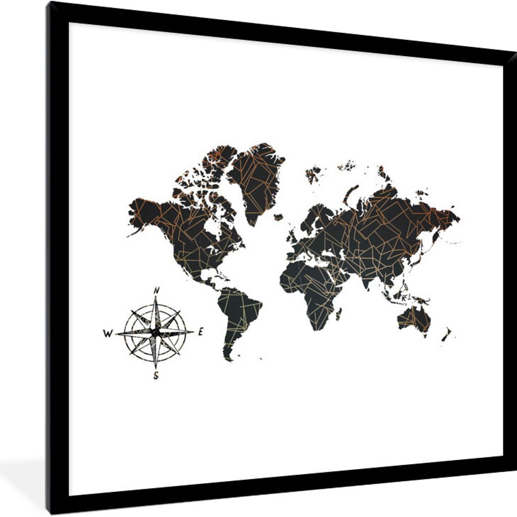 MuchoWow MuchoWow Gerahmtes Poster Weltkarte - Schwarz - Kompass 40x40 cm - Poster mit zchwarzem Bilderrahmen - Mit Rahmen - Wanddekoration Sch...