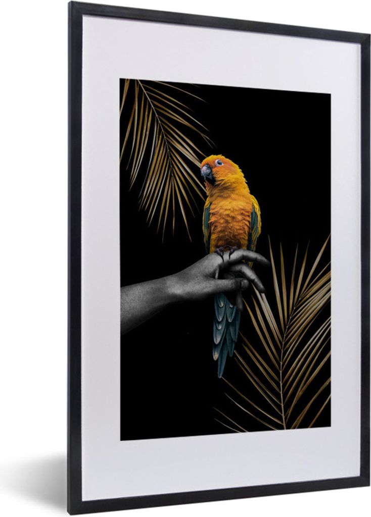 MuchoWow MuchoWow Gerahmtes Poster Grün - Papagei - Pflanzen 40x60 cm - Poster mit zchwarzem Bilderrahmen - Poster in Rahmen