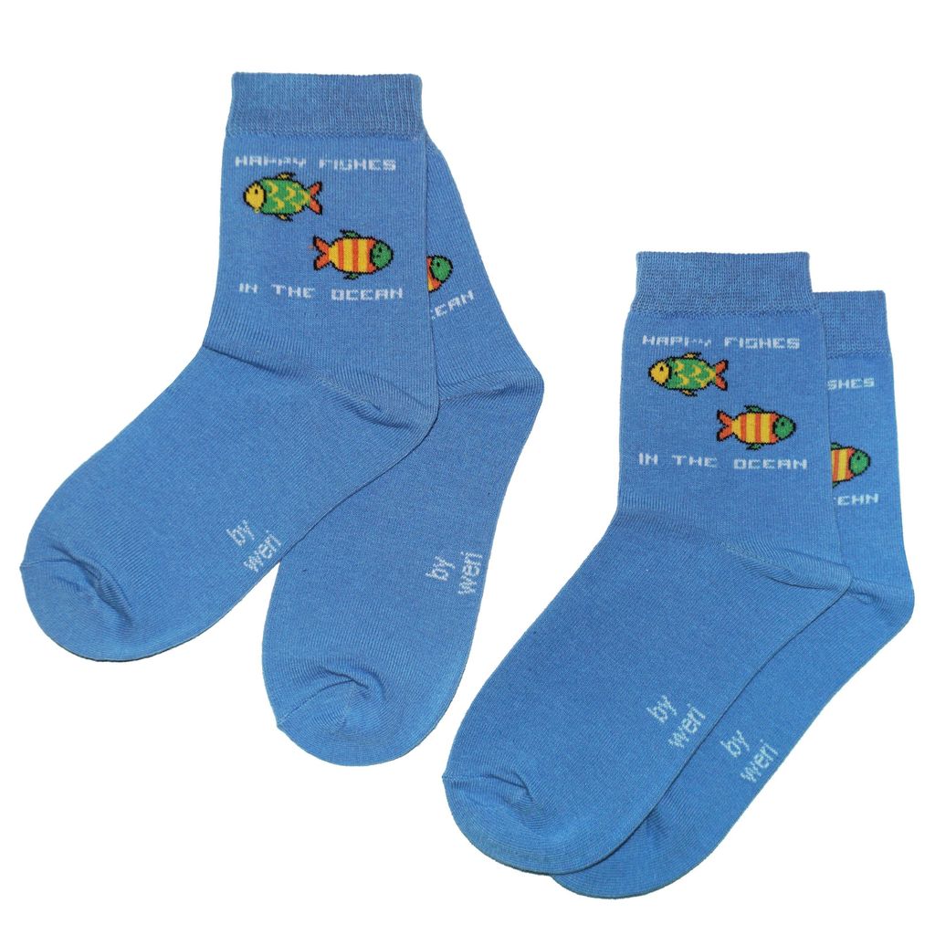 Kinder Socken 2-er Pack aus Baumwolle Happy Fishes Mittelblau Größe 35-38
