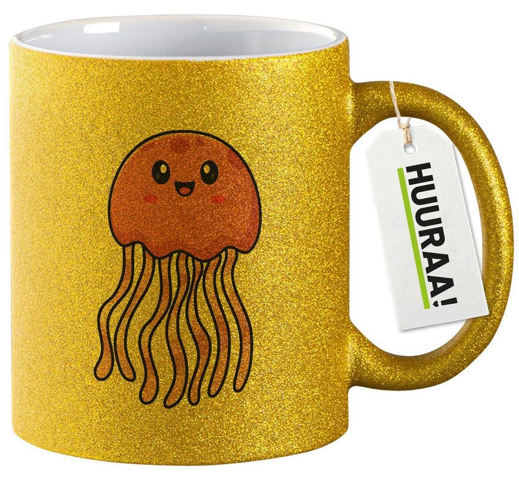 Huuraa Glitzertasse Qualle Comic 330ml Gold Keramik Kaffeebecher Geschenkidee