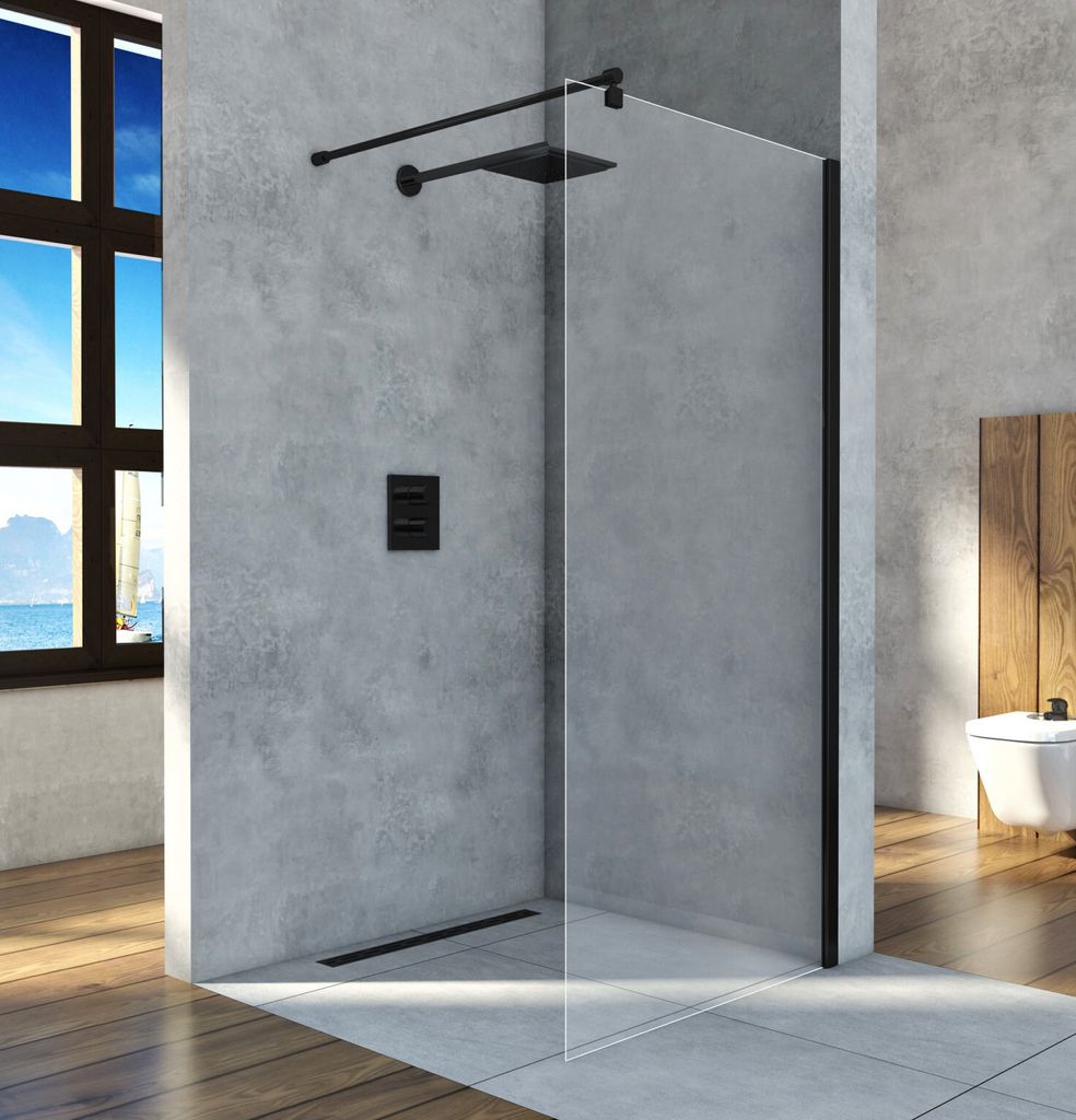 ECOLAM WALK IN Duschwand transparent Dusche Duschabtrennung Duschkabine 90x200 schwarz matt black