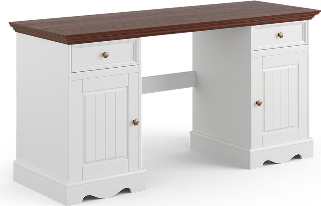 Schreibtisch 155cm, Massivholz in weiß mit Walnuss Optik Produktbild 