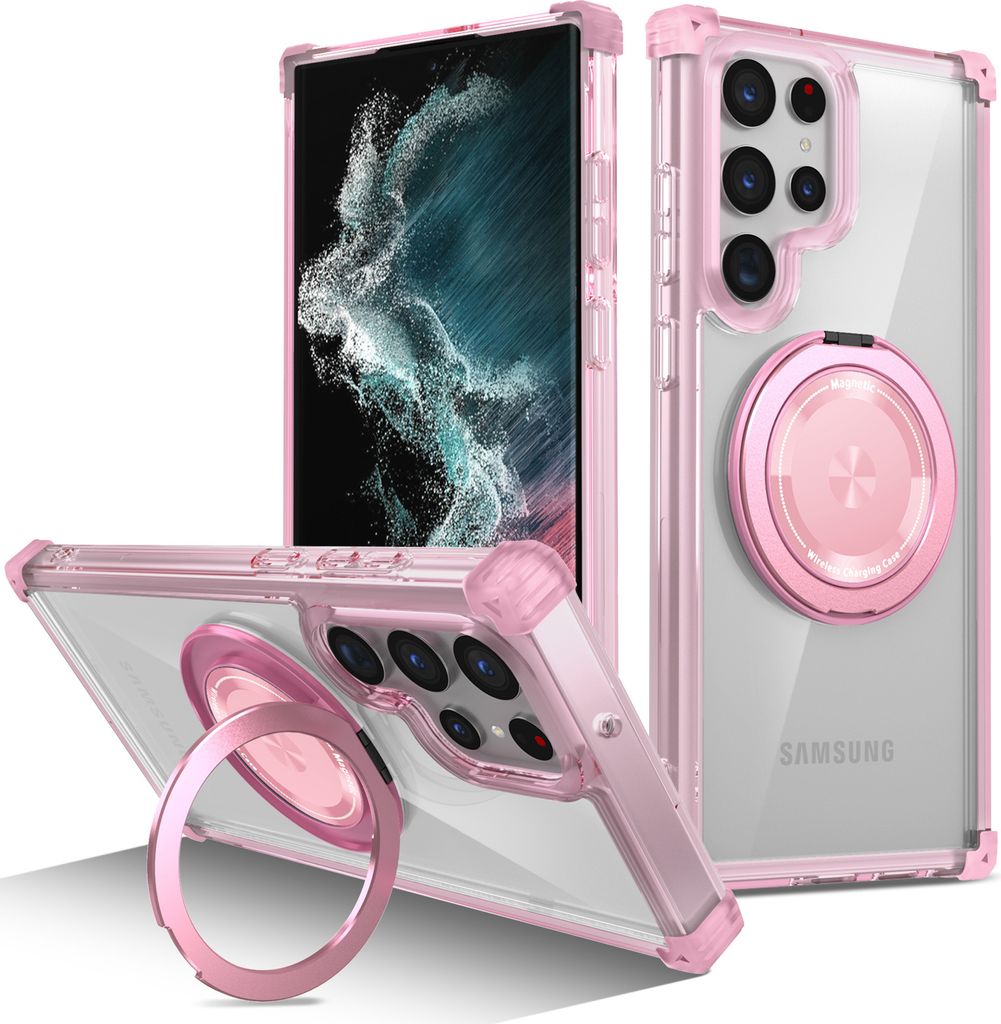 Three views of a pink and clear phone case with a ring holder, shown with a phone inside.