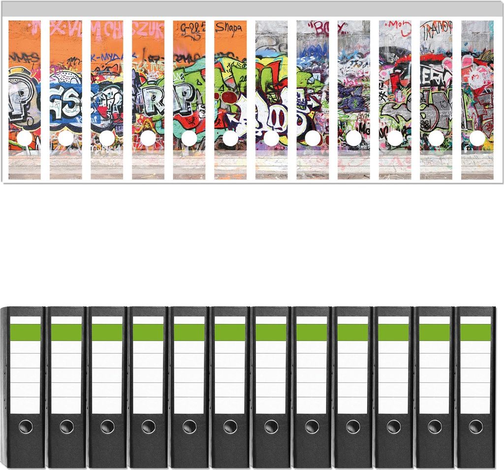 Wallario 12 Stück breite Ordner inkl. Klebeetiketten mit Motive RAP-Graffiti- Wand mit verschiedenen Tags - Set mit Rückenschildern / Ordnerrück...