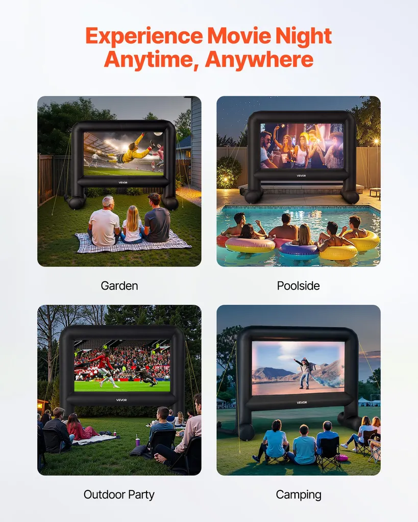 VEVOR schermo gonfiabile per proiezione cinematografica in 600D, schermo di proiezione con borsa portatile, 16:9, proiezione cinematografica per home cinema, festa a tema, divertimento in piscina ( 378 x 130 x 317 cm) - 6