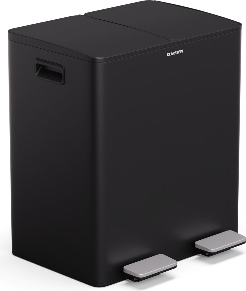A black dual-compartment trash can with silver pedals.