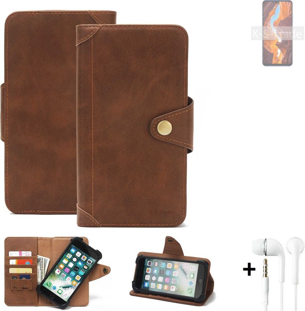 K-S-Trade Handyhülle + Kopfhörer für Wiko 10 Schutz Hülle Walletcase Bookstyle Tasche Case Handytasche Wallet Flipcase Cover PolyurethanBraun (1x)