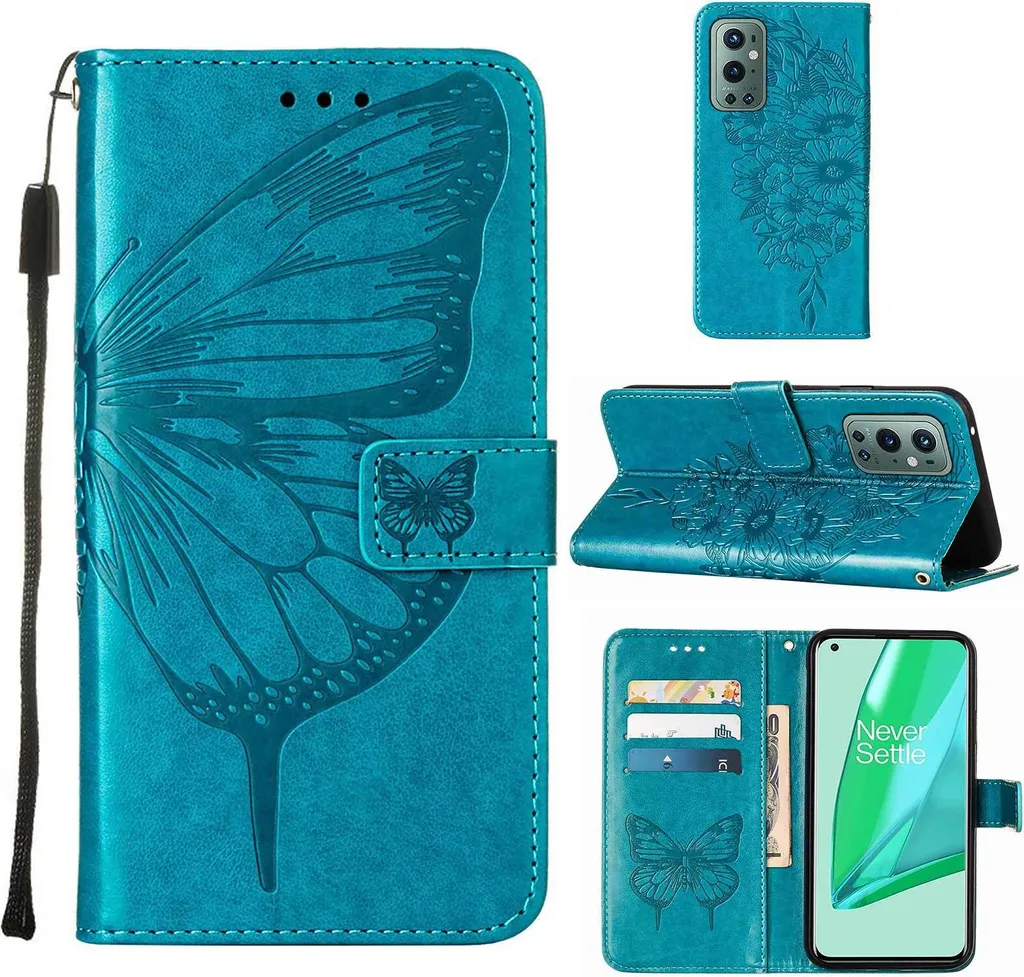 OnePlus 9 Pro Case, Butterfly Emboss Flip Custodia in pelle con slot per schede e supporto per OnePlus 9 Pro blu