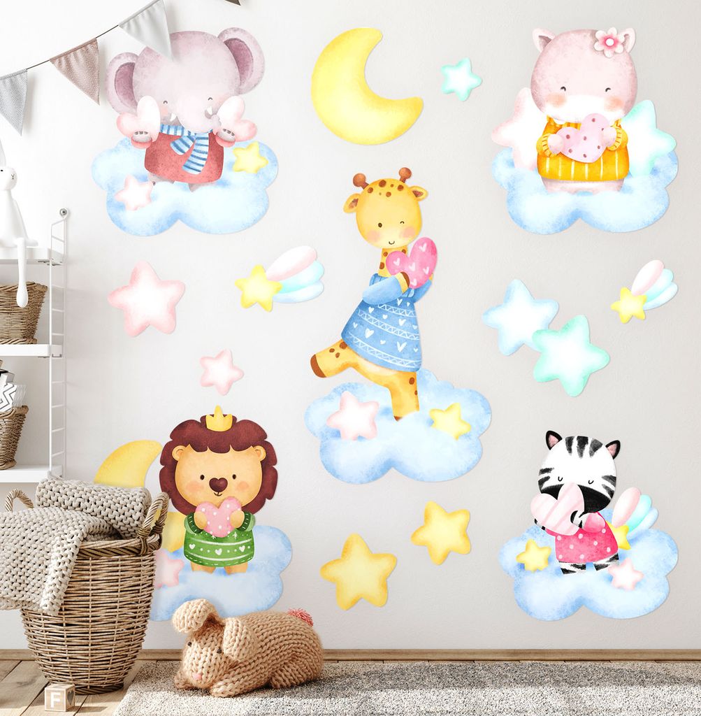 Tiere auf Wolken – Wandgestaltung – Wandbilder Kinder – Motivtapeten Set – Wanddekor Kinderzimmer – Selbstklebende Wandsticker – 80x122 cm