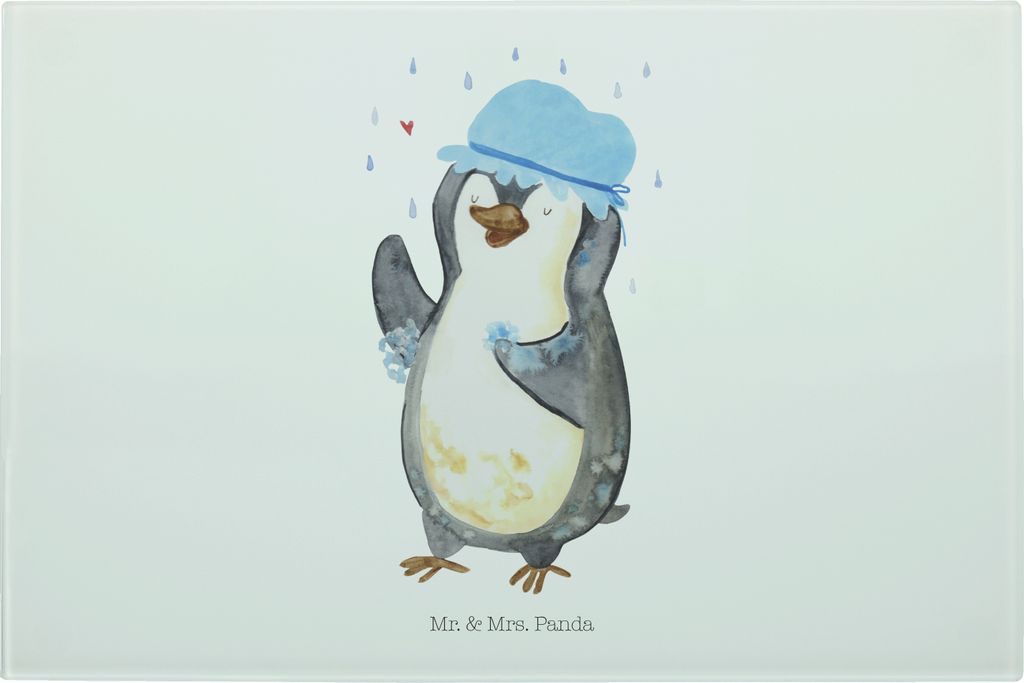 Mr. & Mrs. Panda Frühstücksbrett Pinguin Duschen - Weiß - Geschenk, Schneidebrett, Lebensmotto, Glas-Servierplatte, Dusche, Singen, Duschkonzert...