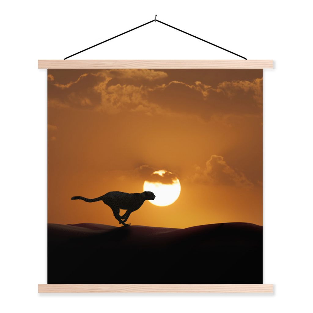 MuchoWow Textilposter Silhouette eines Geparden in der Wüste 120x120 cm mit holzfarbenen Rahmen - Textil-Poster