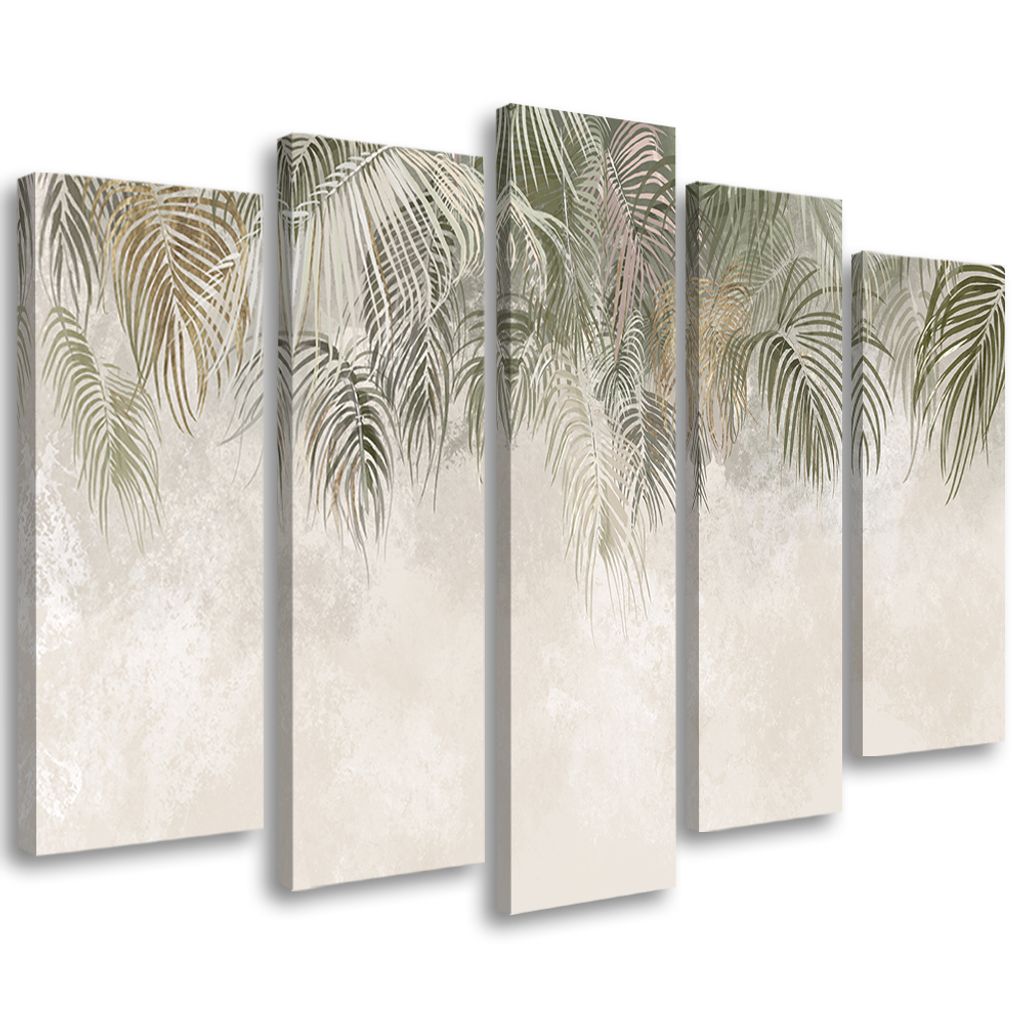 5-teiliges leinwandbild palmenblätter 200x100 cm Feeby braun wandbild bereit zum aufhängen