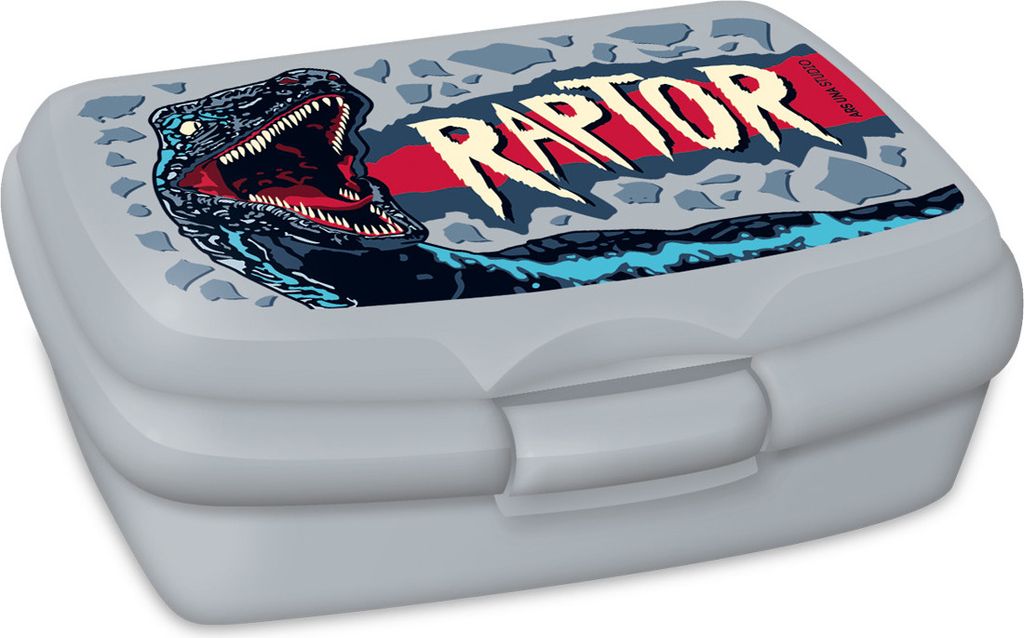 ARS UNA Lunchbox Brotzeit Brotdose Brotbüchse für Schule und Freizeit, Raptor - T-Rex Dino, grau-rot, für Jungen
