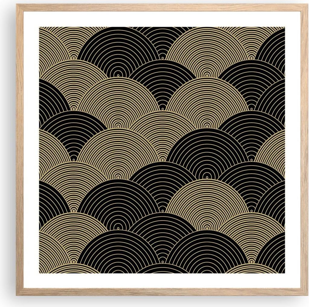 Gerahmtes Poster - Rahmen in heller Eiche - Schwarz und Gold Kreise Grafiken - 60x60 cm - Wand Bild - Wanddeko - Wandbilder - Kunstposter - Wandpos...