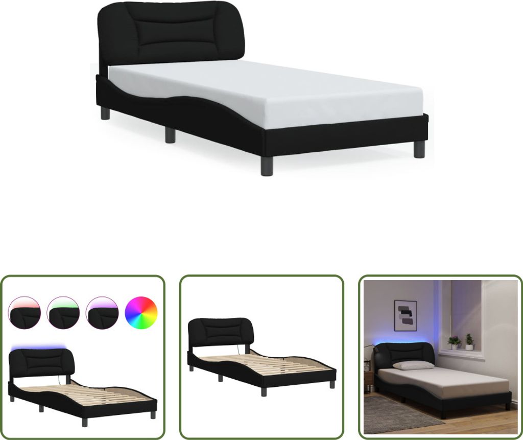 The Living Store Bettgestell mit LED Schwarz 100x200 cm Stoff