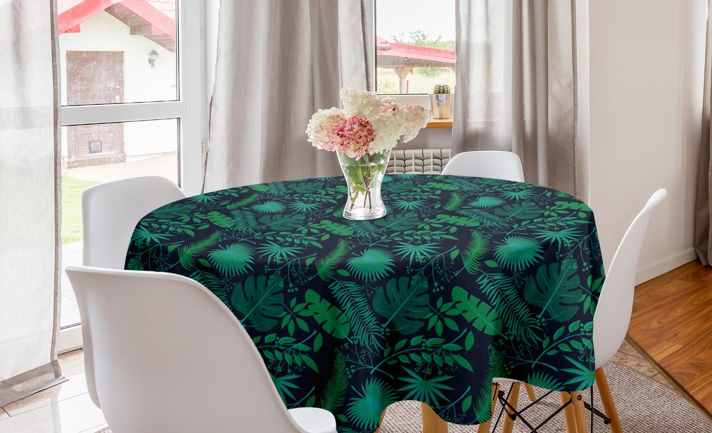 ABAKUHAUS Tropisch Runde Tischdecke, Blätter Hibiscus Plumeria, Kreis Tischdecke Abdeckung für Esszimmer Küche Dekoration, 150 cm, Indigo Jade-G...