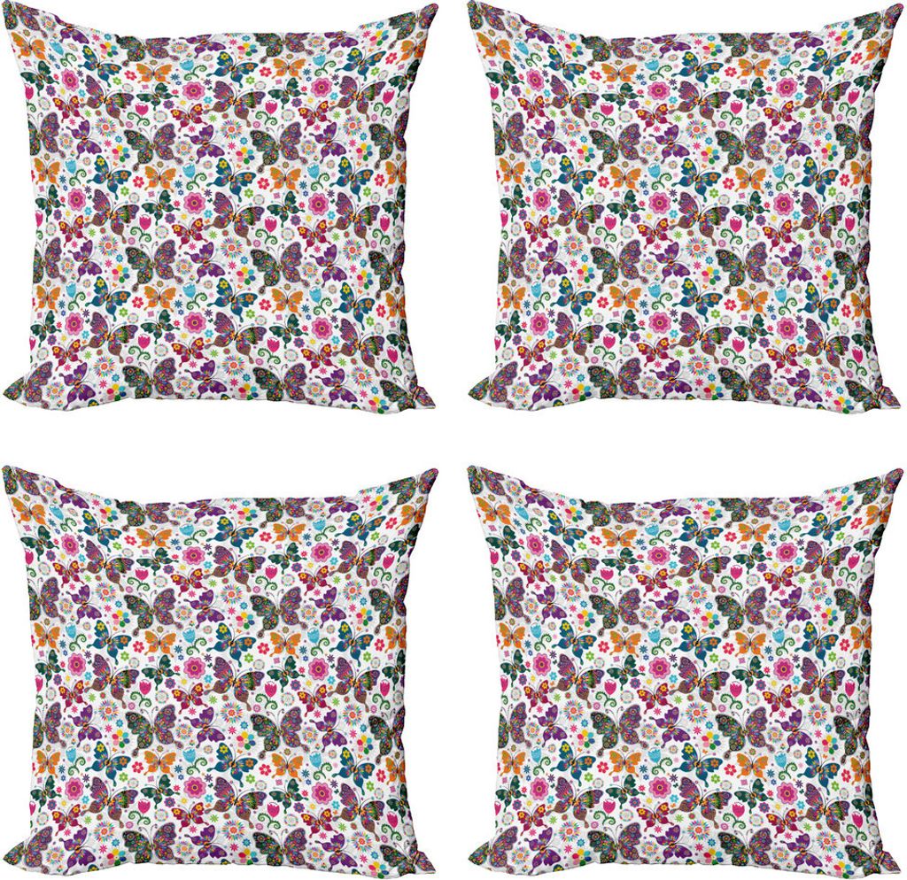 ABAKUHAUS Schmetterling Kissenbezug Set (4 Stück), Retro Style Ornament, Moderner Doppelseitiger Digitaldruck, 60 cm x 60 cm, Mehrfarbig