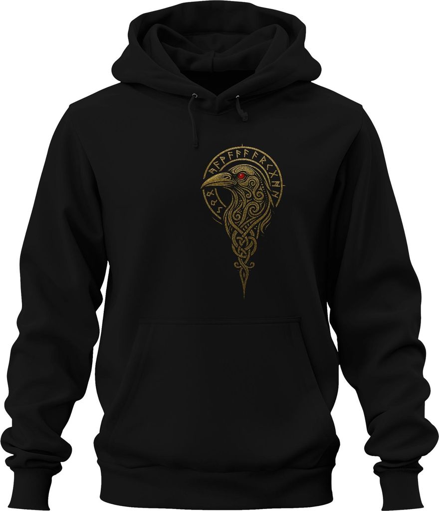 Wikinger Rabe Runen Keltischer Knoten Nordisch Mythologie Gold Uni Hoodie Kapuzenpullover, Schwarz, XXL