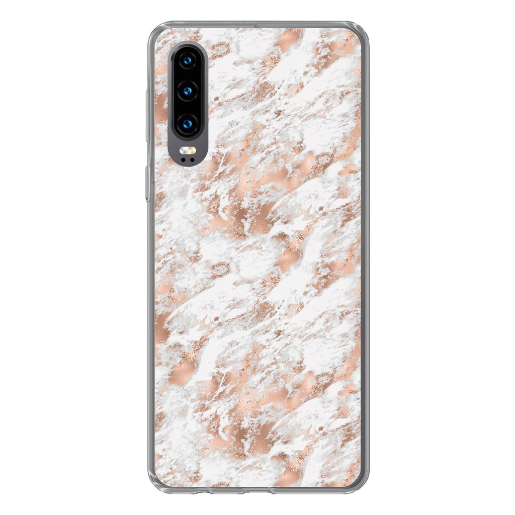 MuchoWow Handyhülle Schutzhülle Hülle für Huawei P30 Roségold - Muster - Marmor - Luxus Silikon Softcase Handy Hülle - Kartenbesitzer