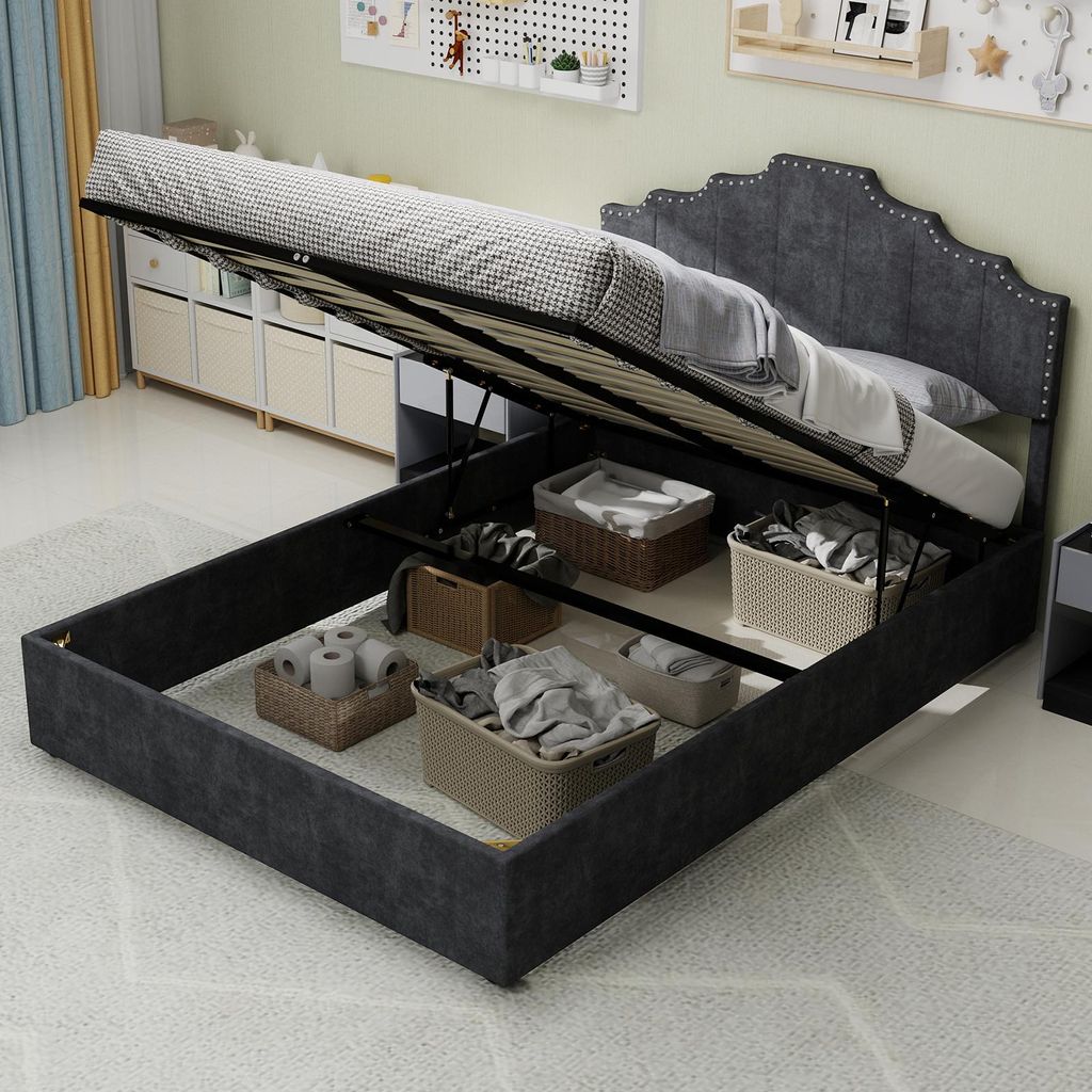 MODFU Doppelbett 160x200 Bettgestell mit hoher Kastenbettkörper mit pneumatischer Stange,Stauraumbett mit Stauraum und Rippenbettgestell,Bettrahme...