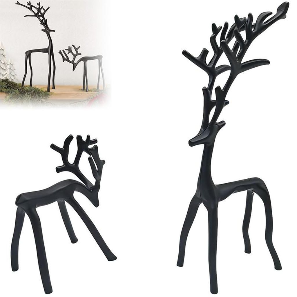 2er Set Schwarze Rentier Skulptur Metall Deko Modern 10+20cm Weihnachts Tischdeko Wohnzimmer Schlafzimmer