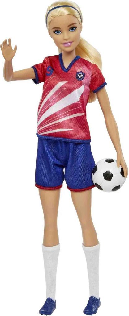 Mattel Barbie Fußballspielerin-Puppe, blond, Trikot mit der Nummer 9, Fußball, Stollenschuhe, Stutzen, für Kinder ab 3 Jahre