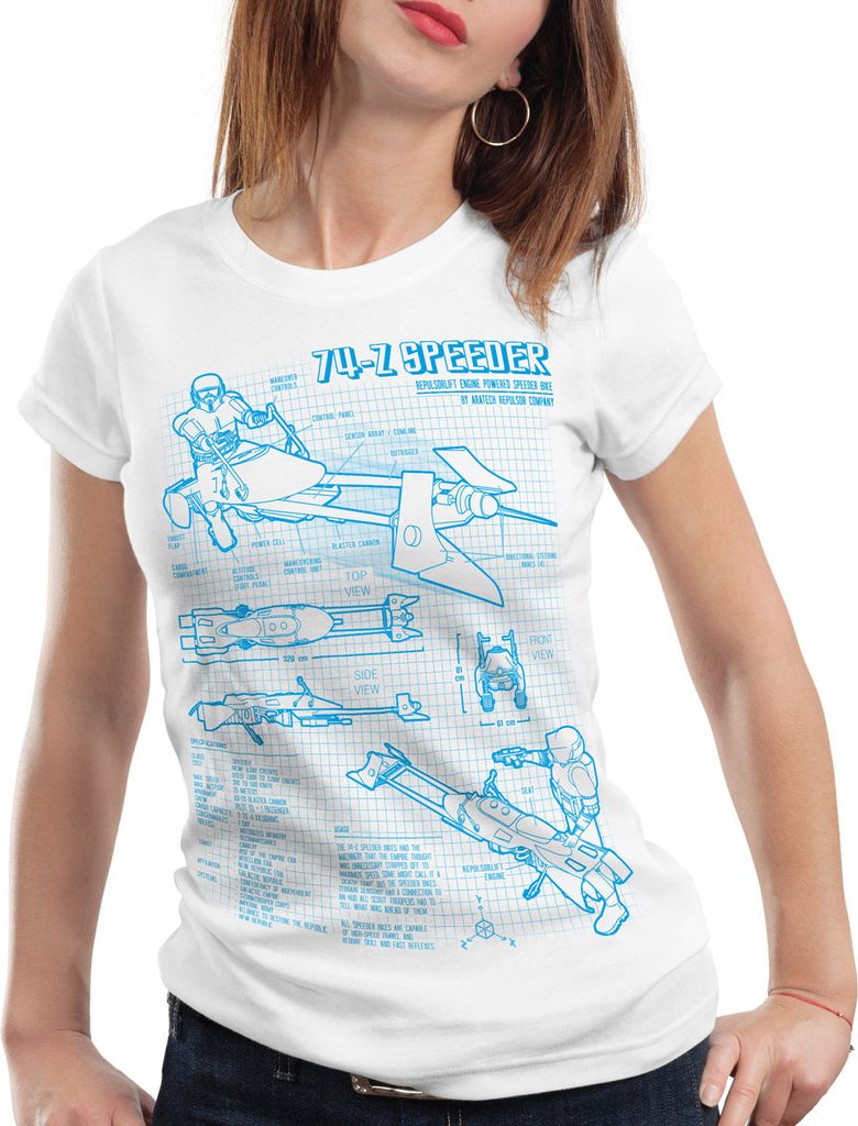 style3 74-Z Speeder Bike Damen T-Shirt blaupause endor, Farbe:Weiß, Größe:L