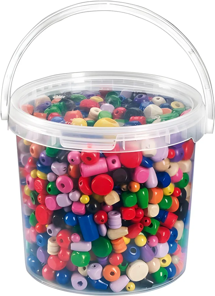 Perles en bois pour loisirs créatifs en seau assortiment de couleurs