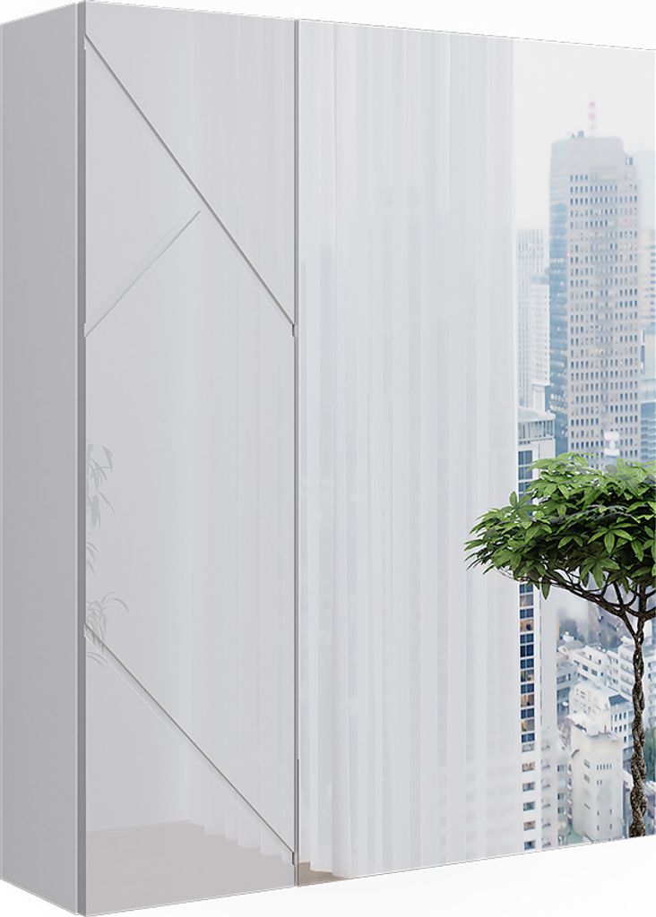 A modern white bathroom cabinet with a geometric design, placed next to a window with a view of city buildings and a tree.